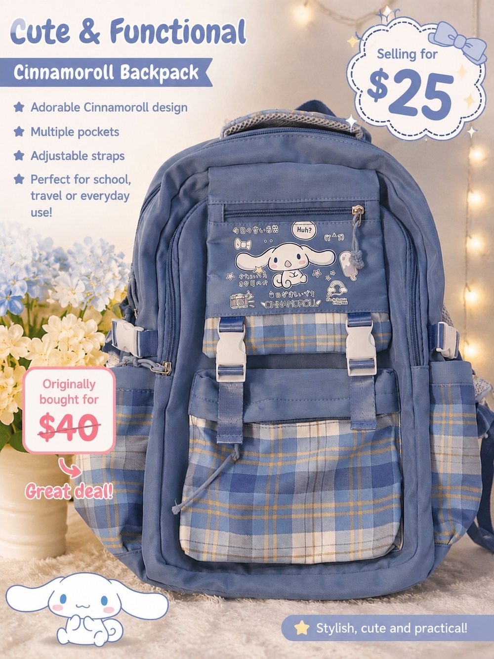 Cinnamoroll Blue Plaid Backpack